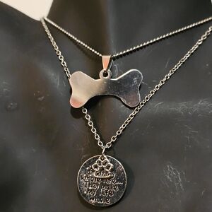 Silver Dog Bone and Paw Print Pendant Necklace